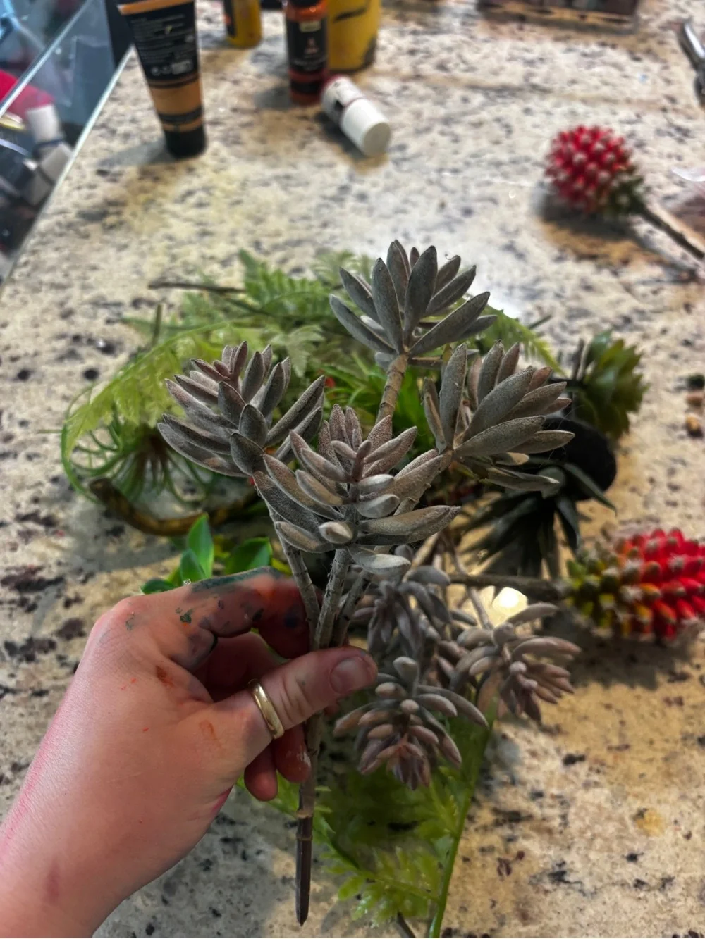 Artificial Succulent and Fern Bundle in Green and Red -